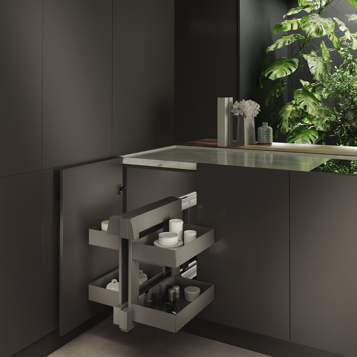 Mecanism extractibil Spazio Art. 340 Pro Line într-o bucătărie modernă cu plante