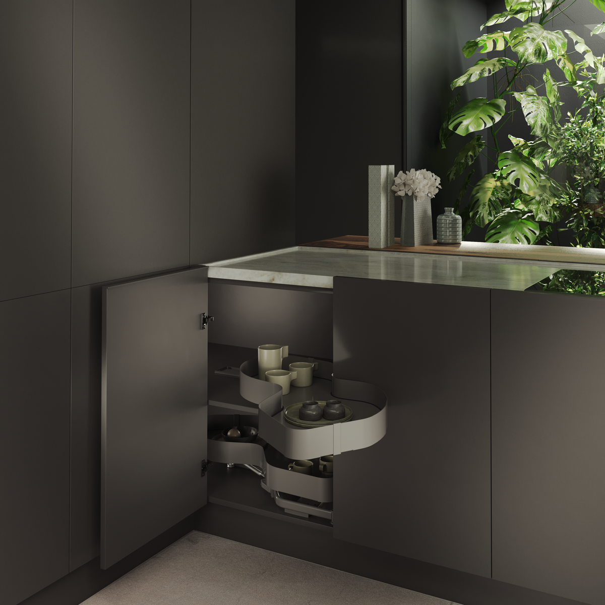 Rafturi extractibile Nuvola Art. 371 Pro Line într-o bucătărie modernă cu plante