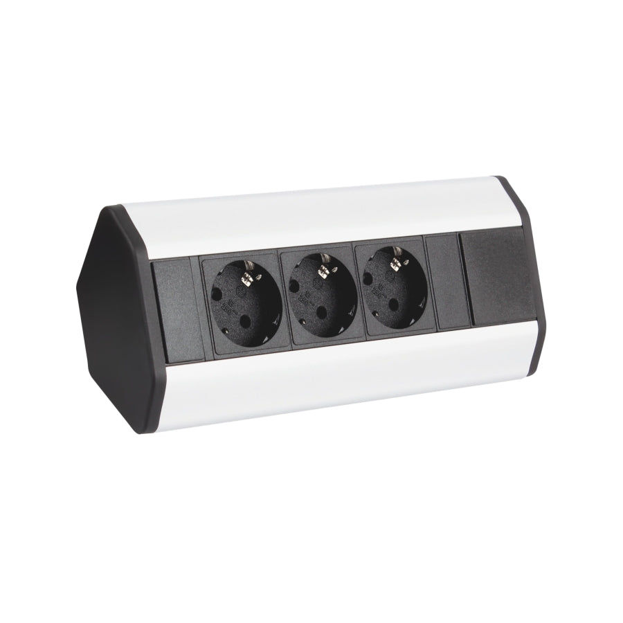 Priză de colţ Corner Box, 3 prize Schuko, finisaj Aluminiu