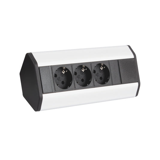 Priză de colţ Corner Box, 3 prize Schuko, finisaj Aluminiu