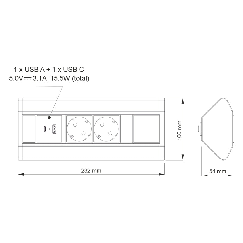 Schemă tehnică Priză de colţ Corner Box USB