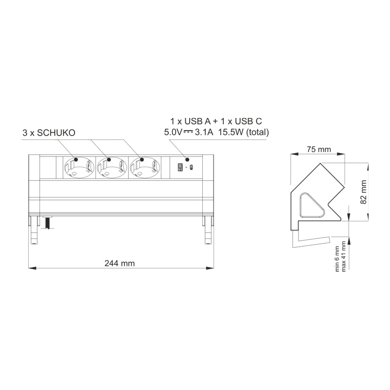 Priză de birou Desk Box, schemă tehnică și dimensiuni