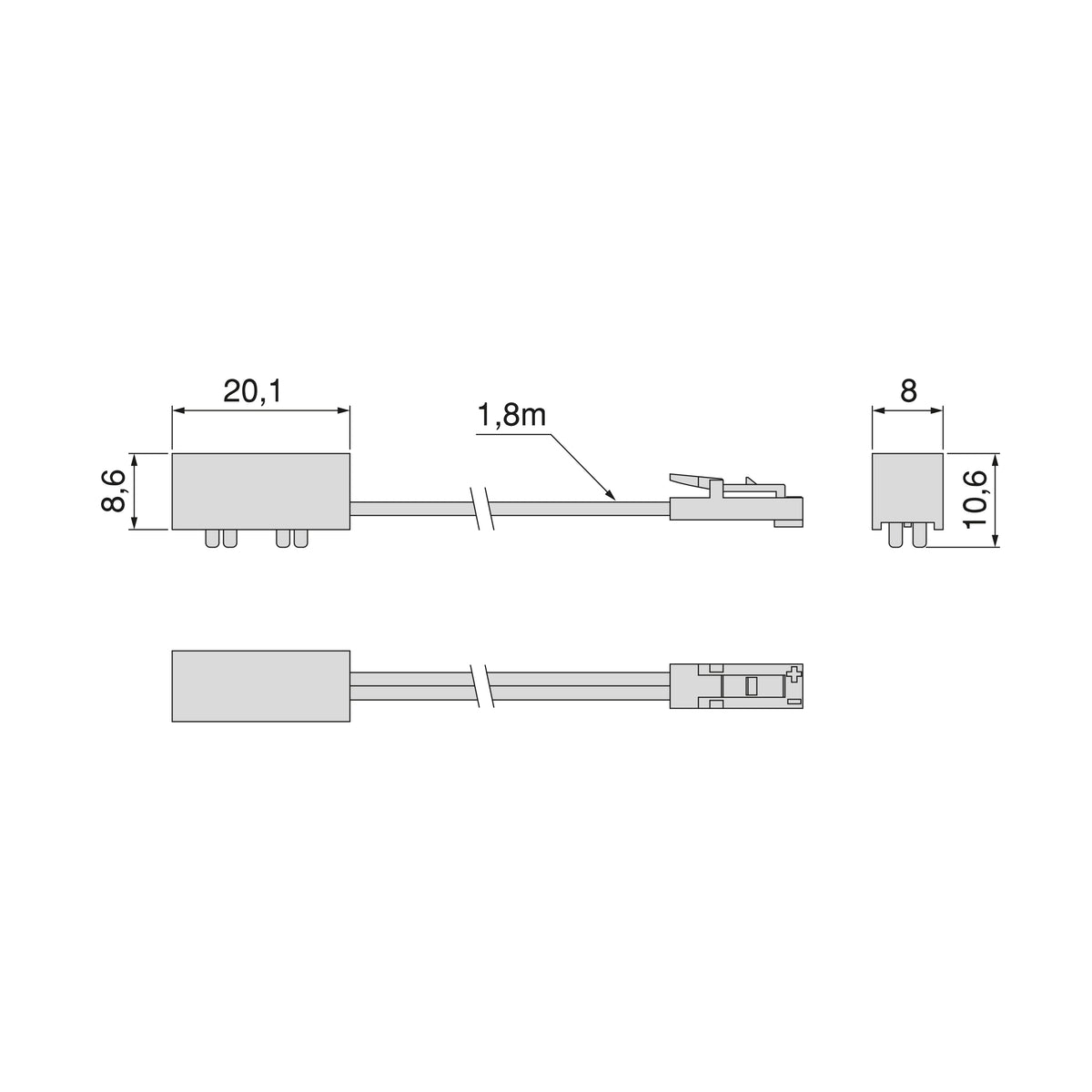 Schemă tehnică conector și cablu de alimentare DIWO cu dimensiuni