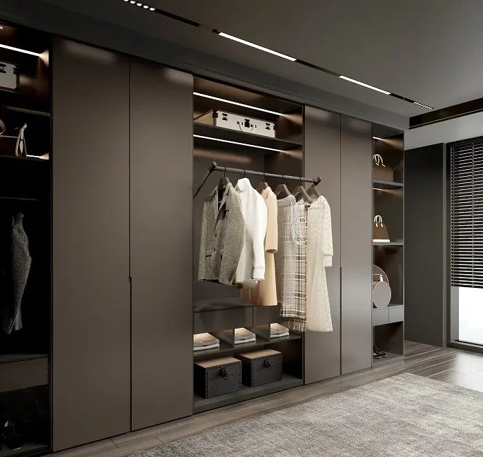 Lift electric pentru bara de haine montat intr-un dressing modern