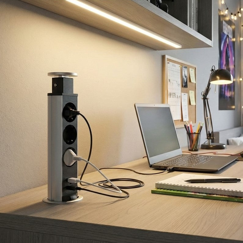 Priză turn retractabilă Lift Box USB, finisaj aluminiu