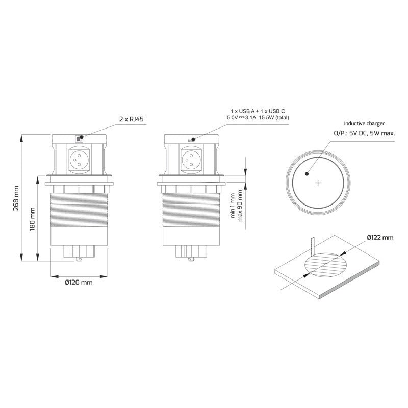 Priză retractabilă Multi Box, schemă tehnică și dimensiuni