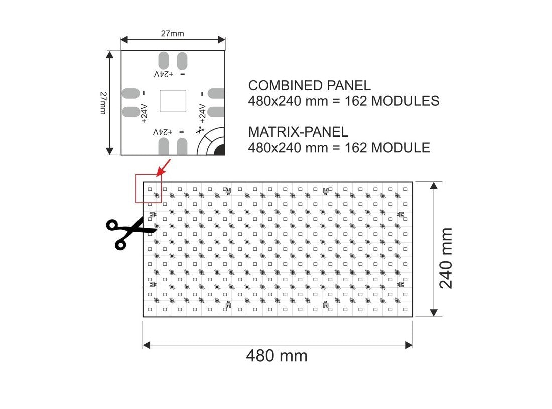 Schema tehnica panou LED modular, modul 27x27mm, panou complet 480x240mm cu 162 module