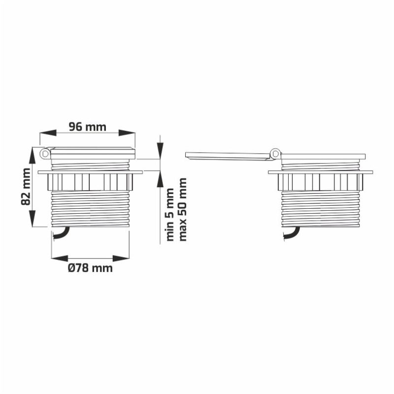 Priză retractabilă Sambo Box, schemă tehnică și dimensiuni