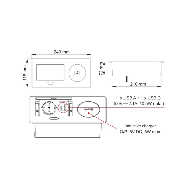 Zeo Box - schemă tehnică cu dimensiuni și porturi